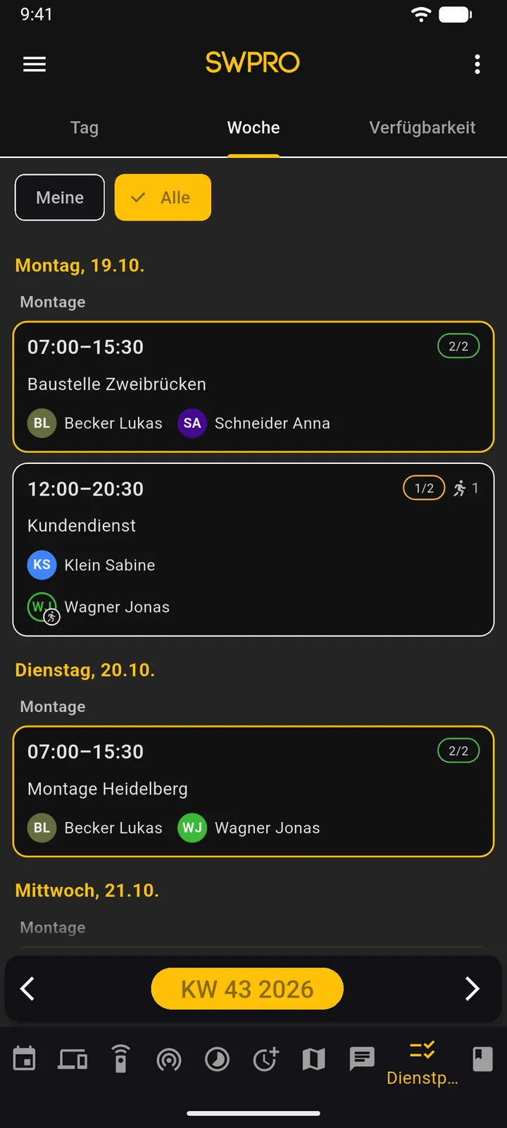 SWTracker-App: Dienstplan mit den Schichten der Woche
