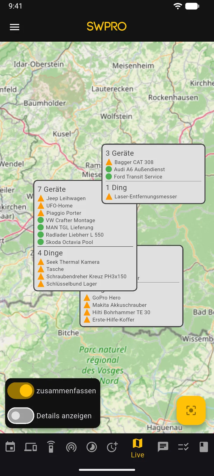 SWTracker-App: Live-Karte mit Fahrzeugen und Geräten