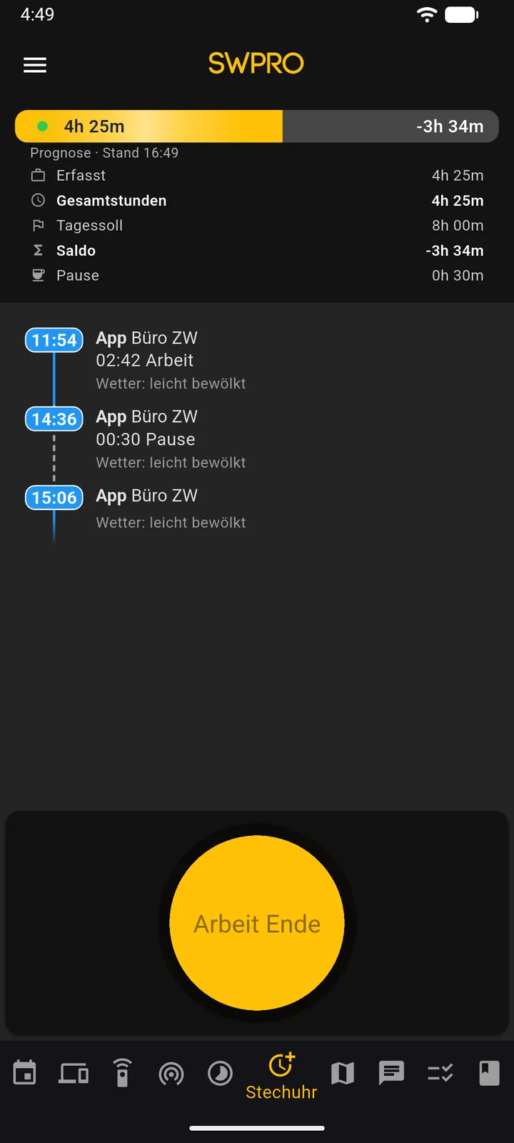 SWTracker-App: Stechuhr mit Arbeitszeit, Pause und Tagessaldo