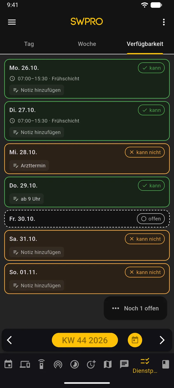 SWTracker-App: Verfügbarkeiten für die kommende Woche melden