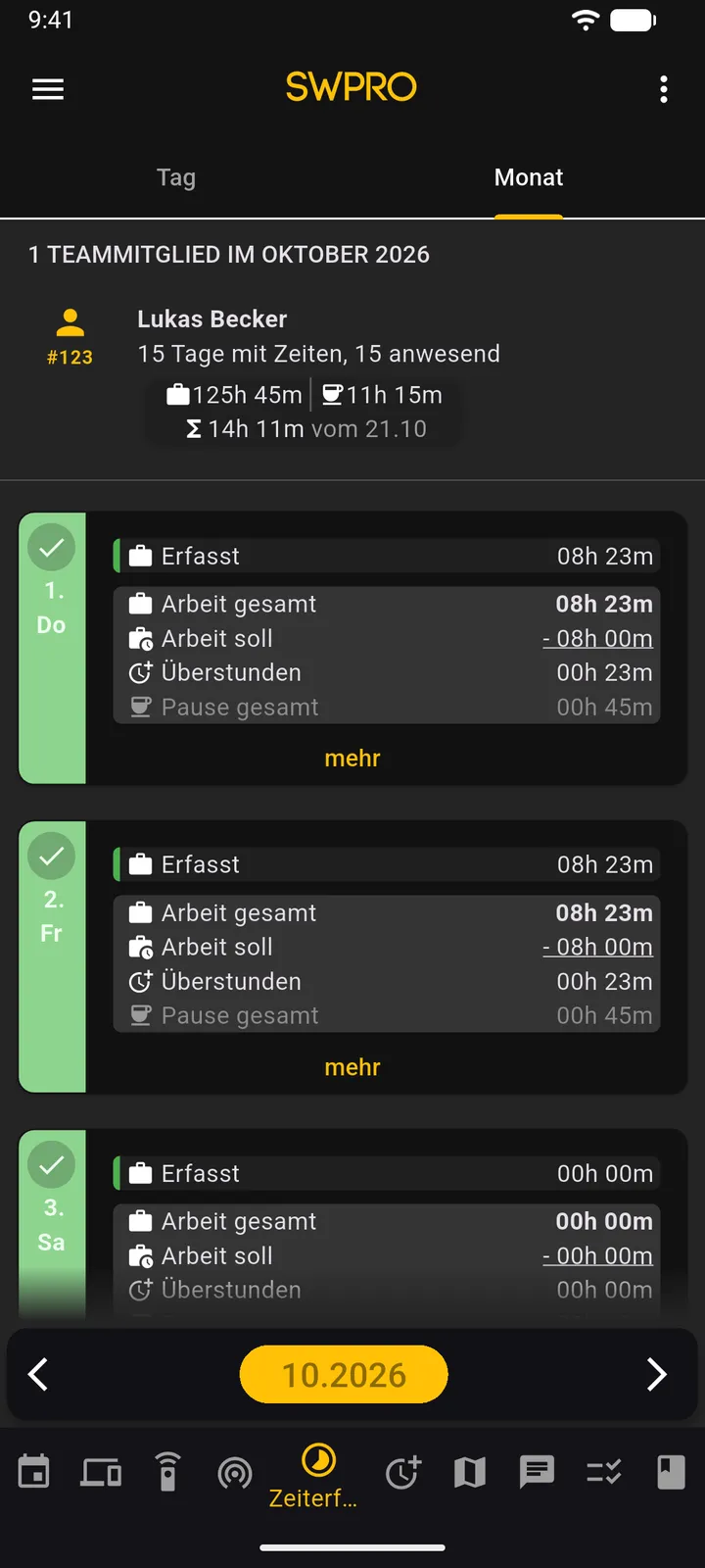SWTracker-App: Monatsübersicht der Zeiterfassung mit Soll, Ist und Überstunden